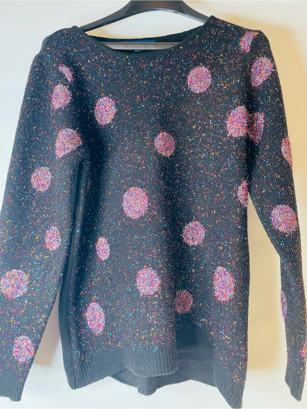 Apt. 9 Black Crewneck Sweater with Pink Polka Dots Metalic Sparkle Polka Dots